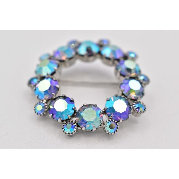 Vintage Crystal Pin Brooch Prong Rhinestone AB Blue Retro Round 1950s Glam BinBP - Picture 5 of 12